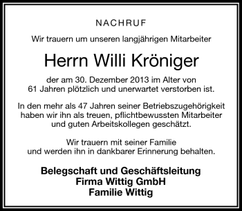 Traueranzeige von Willi Kröniger von Frankenpost
