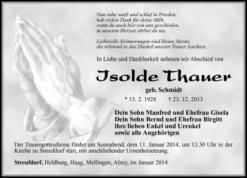 Traueranzeige von Isolde Thauer von Südthüringer Presse