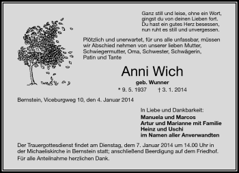 Traueranzeige von Anni Wich von Frankenpost