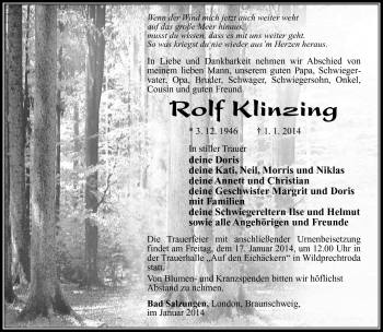 Traueranzeige von Rolf Klinzing von Südthüringer Presse
