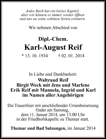 Traueranzeige von Karl-August Reif von Südthüringer Presse