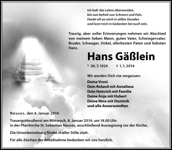 Traueranzeige von Hans Gäßlein von Neue Presse Coburg