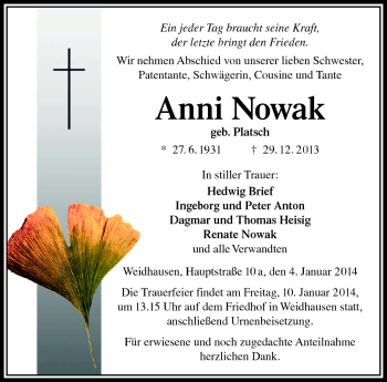 Traueranzeige von Anni Nowak von Neue Presse Coburg