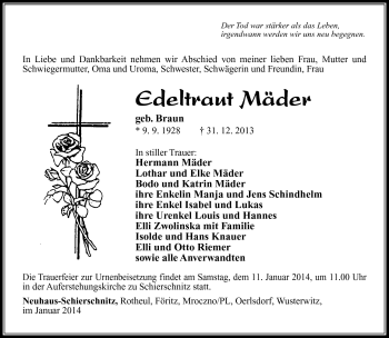 Traueranzeige von Edeltraud Mäder von Südthüringer Presse