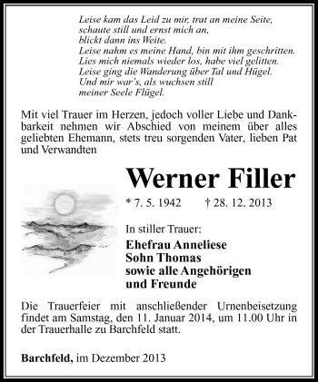 Traueranzeige von Werner Filler von Südthüringer Presse
