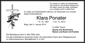 Traueranzeige von Klara Ponater von Frankenpost