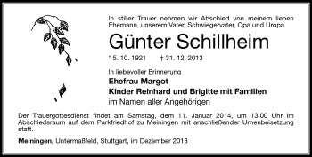 Traueranzeige von Günter Schillheim von Südthüringer Presse