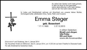 Traueranzeige von Emma Steger von Neue Presse Coburg