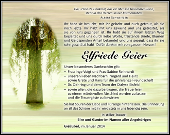 Traueranzeige von Elfriede Geier von Südthüringer Presse