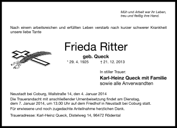 Traueranzeige von Frieda Ritter von Neue Presse Coburg