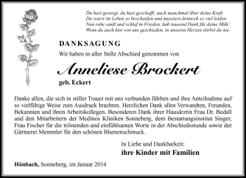 Traueranzeige von Anneliese Brockert von Südthüringer Presse