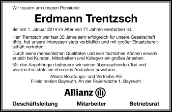 Traueranzeige von Erdmann Trentzsch von Frankenpost
