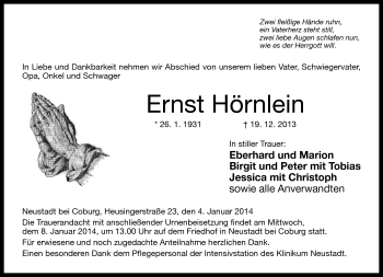 Traueranzeige von Ernst Hörnlein von Neue Presse Coburg