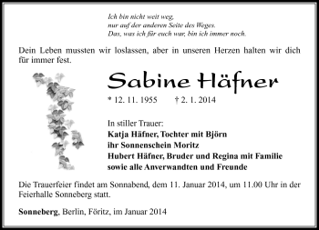 Traueranzeige von Sabine Häfner von Südthüringer Presse