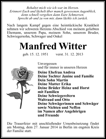 Traueranzeige von Manfred Witter von Südthüringer Presse
