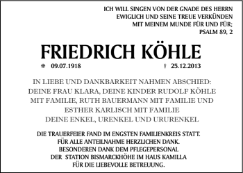 Traueranzeige von Friedrich Köhle von Frankenpost