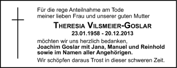 Traueranzeige von Theresia Vilsmeier- Goslar von Neue Presse Coburg