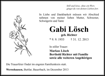 Traueranzeige von Gabriele Lösch von Südthüringer Presse