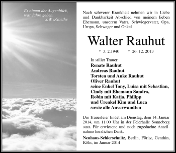 Traueranzeige von Walter Rauhut von Südthüringer Presse