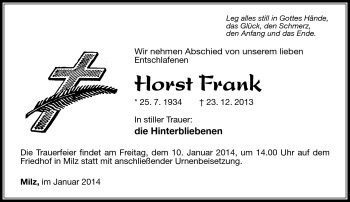 Traueranzeige von Horst Frank von Südthüringer Presse