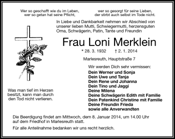 Traueranzeige von Lomi Merklein von Frankenpost
