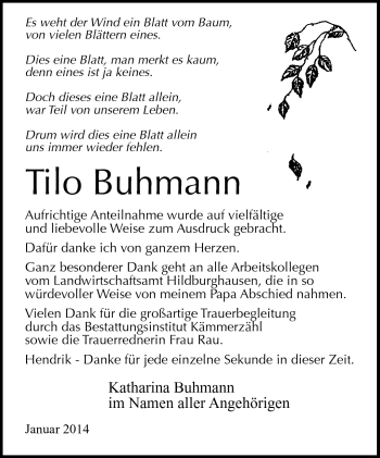 Traueranzeige von Tilo Buhmann von Südthüringer Presse