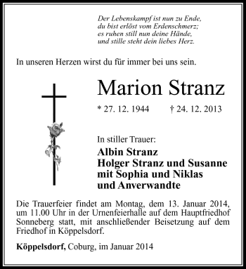 Traueranzeige von Marion Stranz von Südthüringer Presse