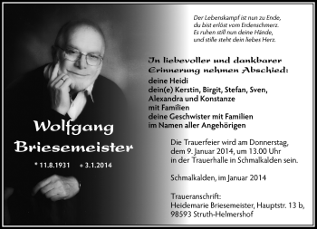 Traueranzeige von Wolfgang Briesemeister von Südthüringer Presse