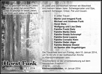 Traueranzeige von Horst Funk von Südthüringer Presse