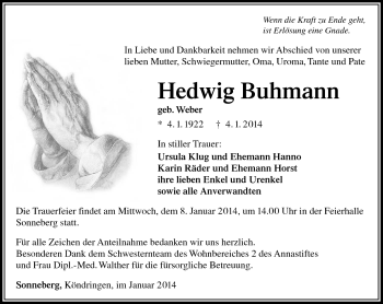 Traueranzeige von Hedwig Bumann von Südthüringer Presse