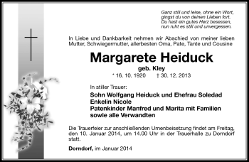 Traueranzeige von Margarete Heiduck von Südthüringer Presse