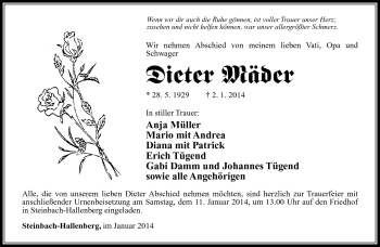 Traueranzeige von Dieter Mäder von Südthüringer Presse