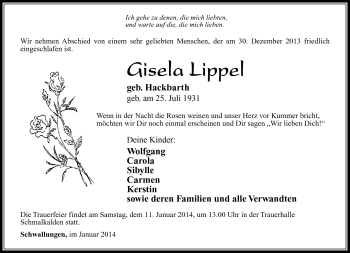 Traueranzeige von Gisela Lippel von Südthüringer Presse
