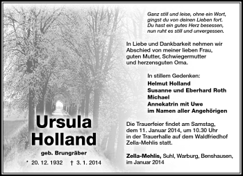 Traueranzeige von Ursula Holland von Südthüringer Presse