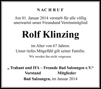 Traueranzeige von Rolf Klinzing von Südthüringer Presse