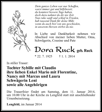 Traueranzeige von Dora Ruck von Südthüringer Presse