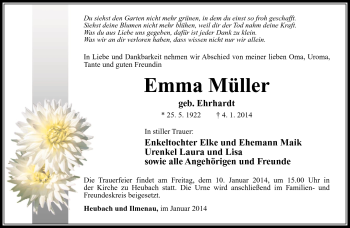 Traueranzeige von Emma Müller von Südthüringer Presse