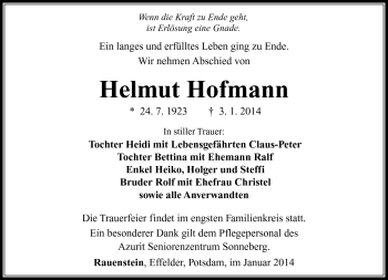 Traueranzeige von Helmut Hoffmann von Südthüringer Presse