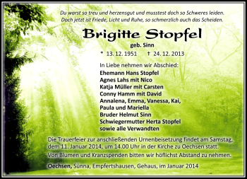 Traueranzeige von Brigitte Stopfel von Südthüringer Presse