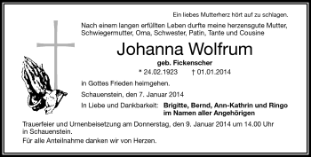 Traueranzeige von Johanna Wolfrum von Frankenpost