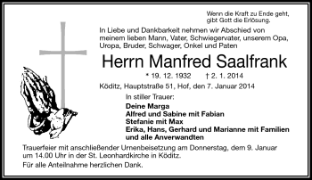 Traueranzeige von Manfred Saalfrank von Frankenpost