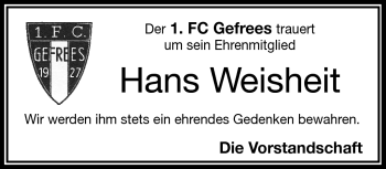 Traueranzeige von Hans Weisheit von Frankenpost