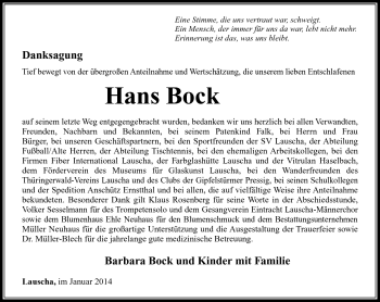 Traueranzeige von Hans Bock von Südthüringer Presse