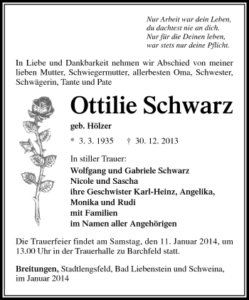 Traueranzeige von ottilie Schwarz von Südthüringer Presse