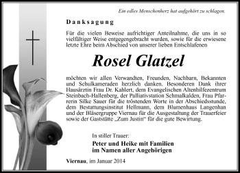 Traueranzeige von Rosel Glatzel von Südthüringer Presse