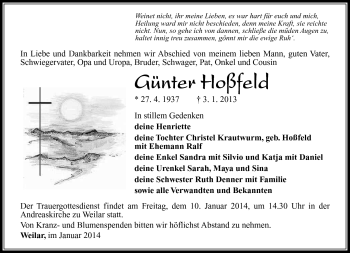 Traueranzeige von Günter Hoßfeld von Südthüringer Presse