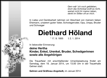 Traueranzeige von Diethard Höland von Südthüringer Presse