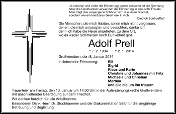 Traueranzeige von Adolf Prell von Frankenpost