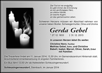 Traueranzeige von Gerda Gebel von Südthüringer Presse