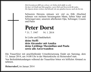 Traueranzeige von Peter Dorst von Südthüringer Presse